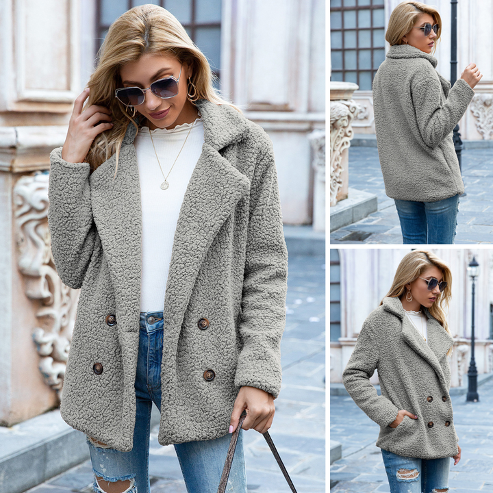 Manteau Teddy Doux pour Femme avec Fermeture Boutonnée et Poches