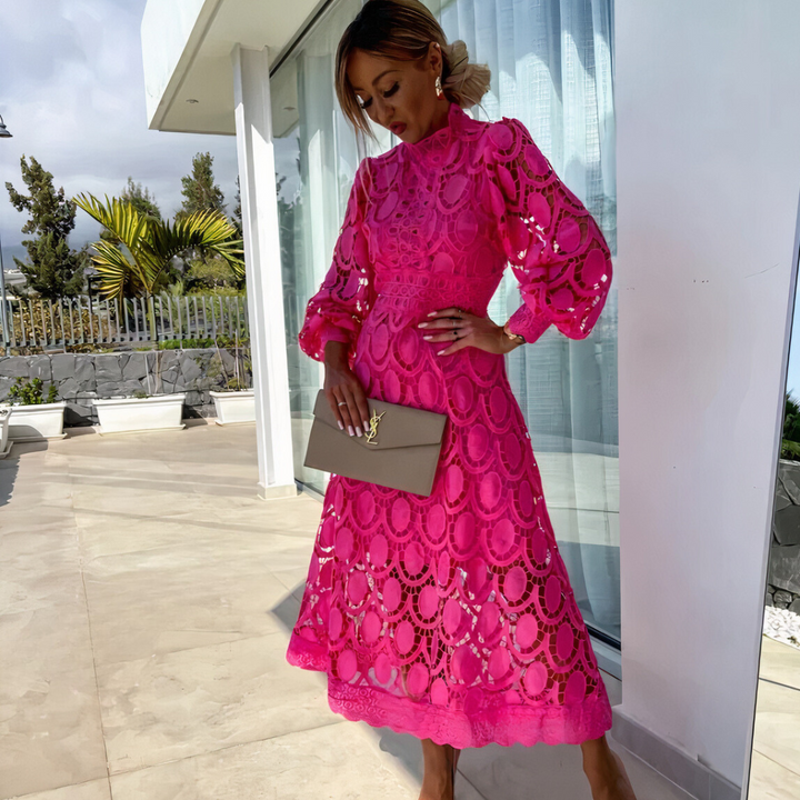 Robe midi en dentelle élégante pour femmes à manches longues