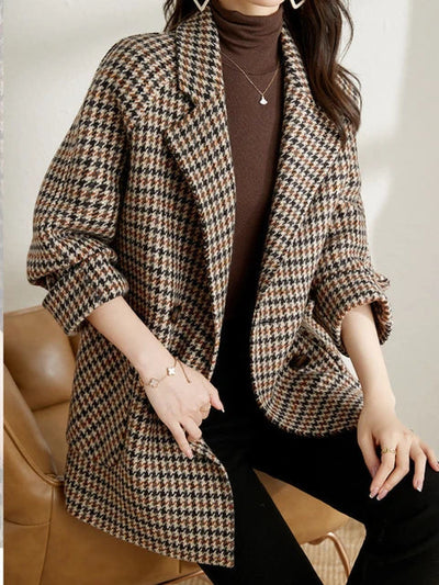 Chique Oversized Bruin Dames Blazer met Pied-de-Pouleprint