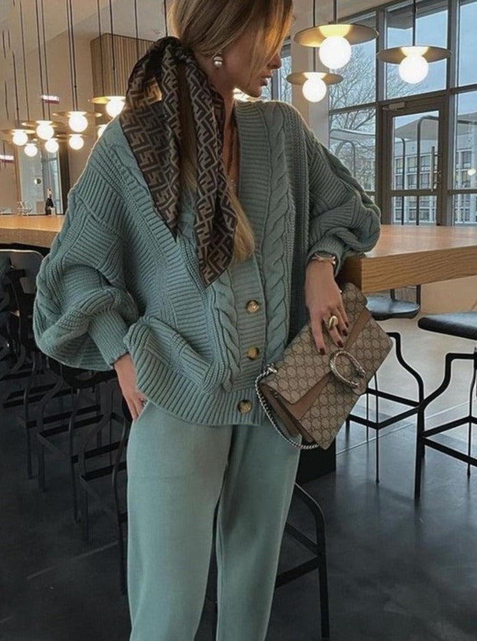 Warme Dames Loungewear Set met Gebreid Cardigan en Broek