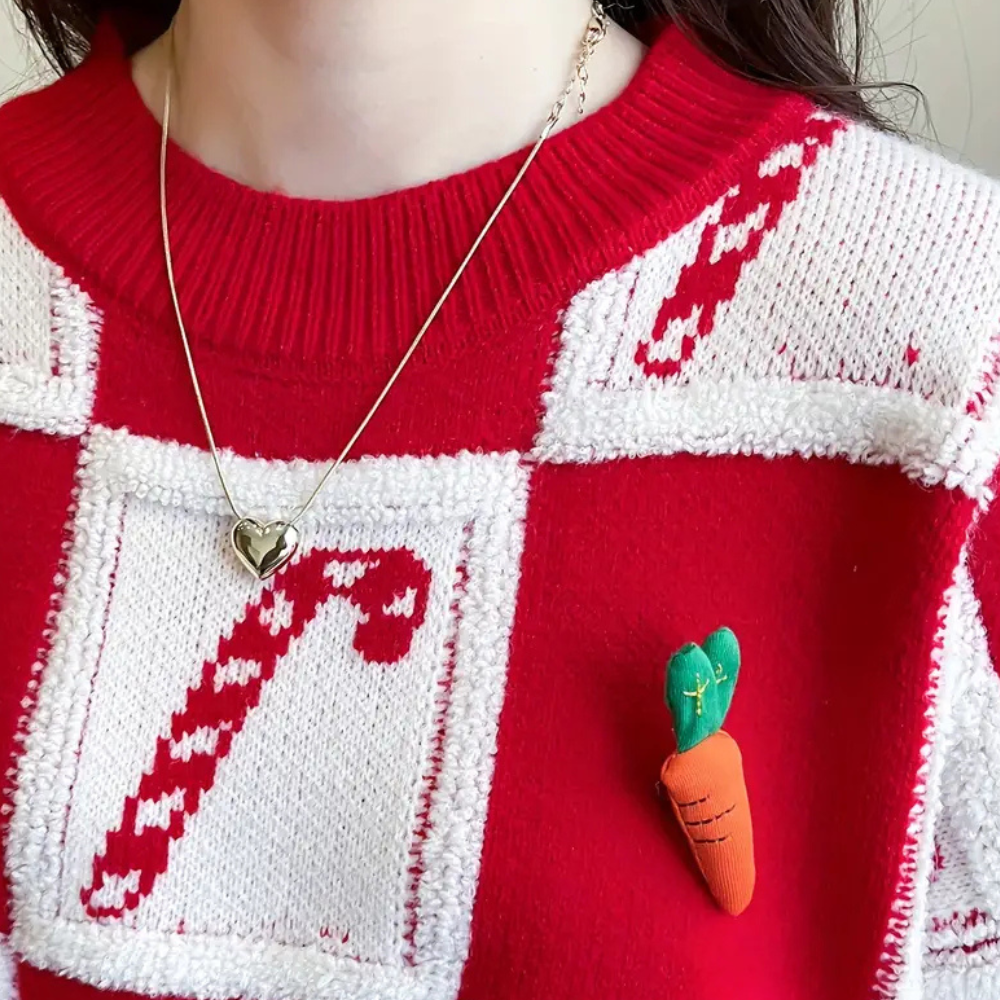 Rode Warme Oversized Gebreide Dames Kersttrui met Snoepstok en Wortelprint