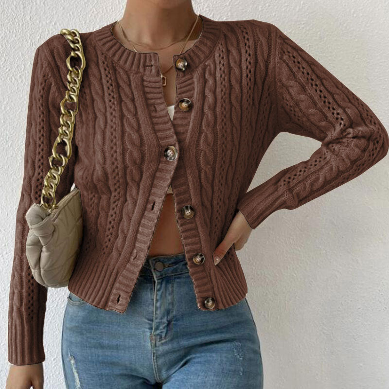 Cardigan Court Tricoté pour Femme avec Boutons et Motif Torsadé