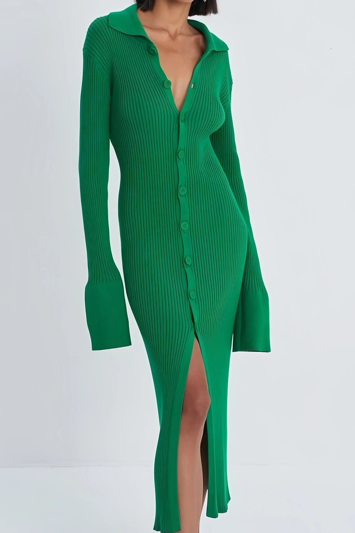 Groene Dames Midi Sweater Jurk Met Knopen En Split