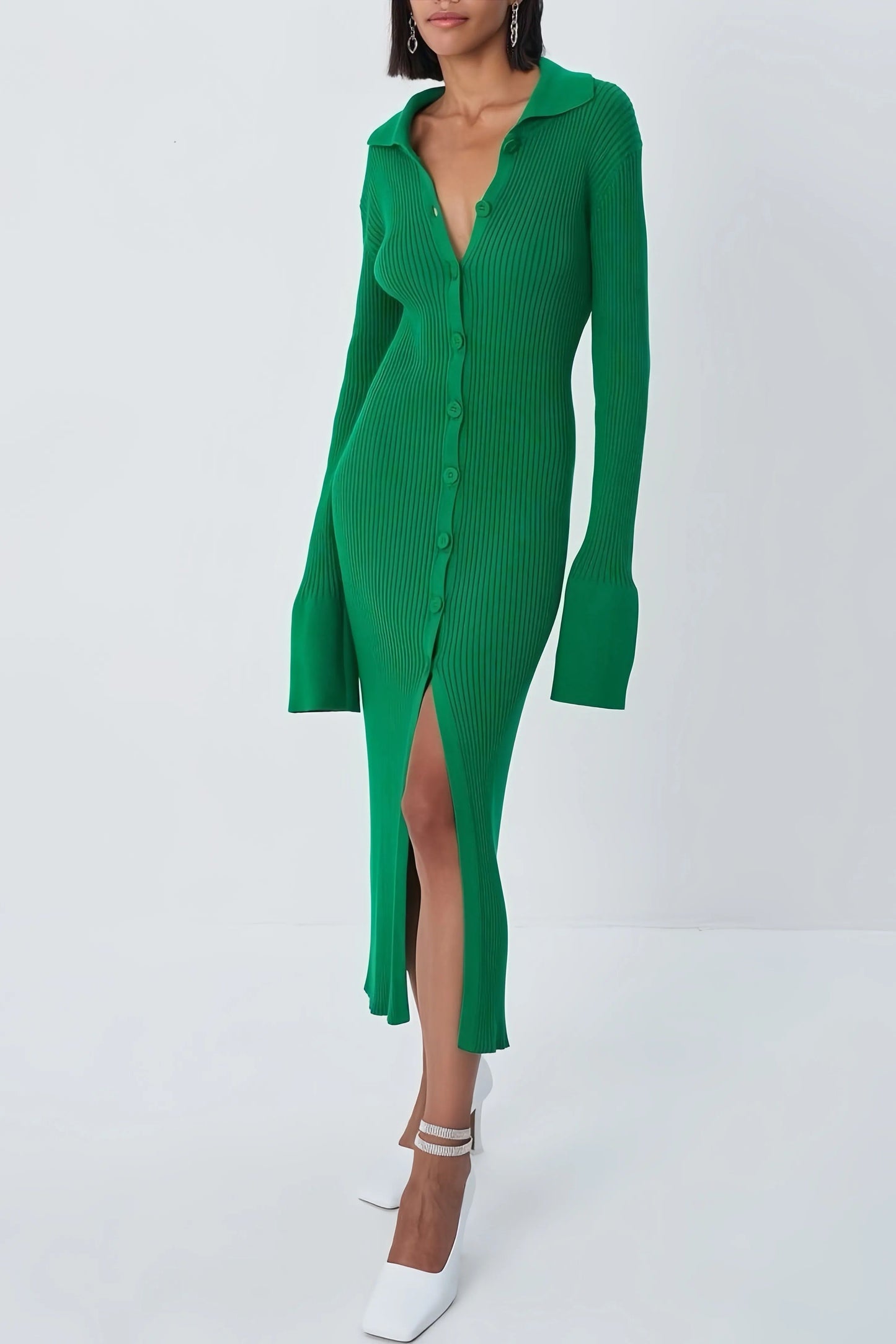Groene Dames Midi Sweater Jurk Met Knopen En Split