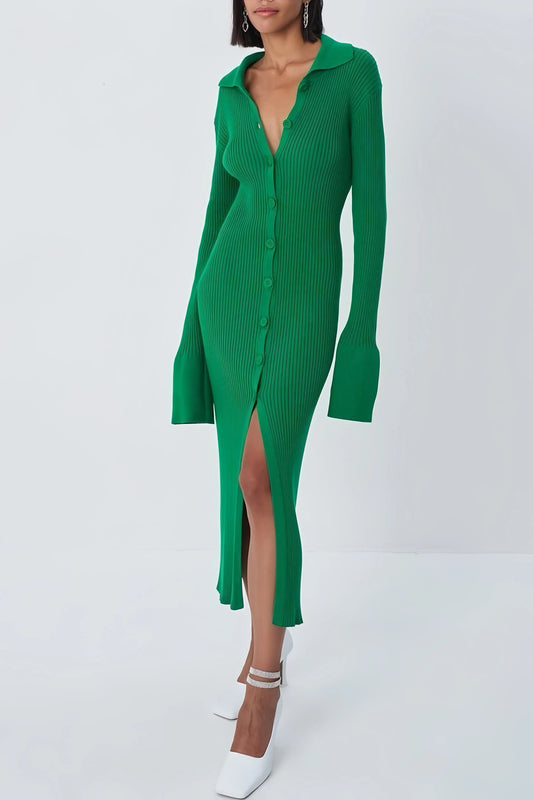 Groene Dames Midi Sweater Jurk Met Knopen En Split