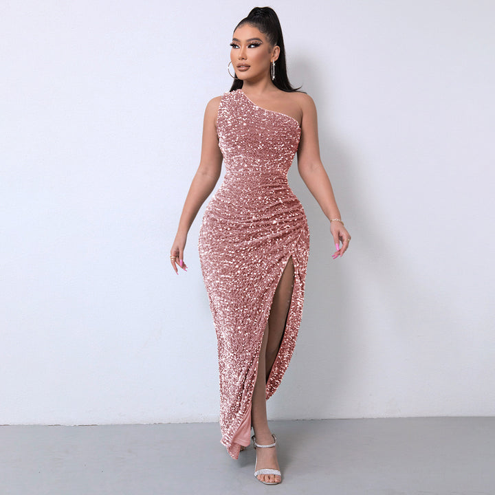 Glitterende Dames Gala Maxi Jurk met One Shoulder En Hoge Split