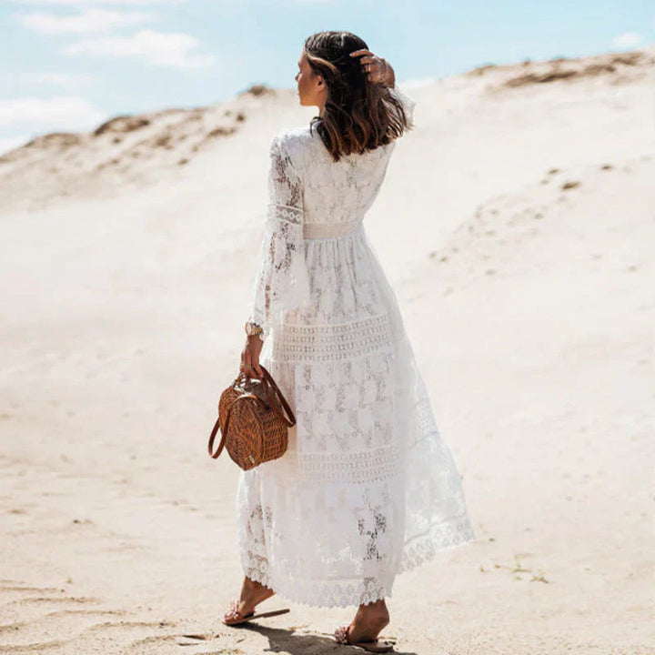 Elegant Women's Beach Maxi Dress With Lace And Long Sleeves