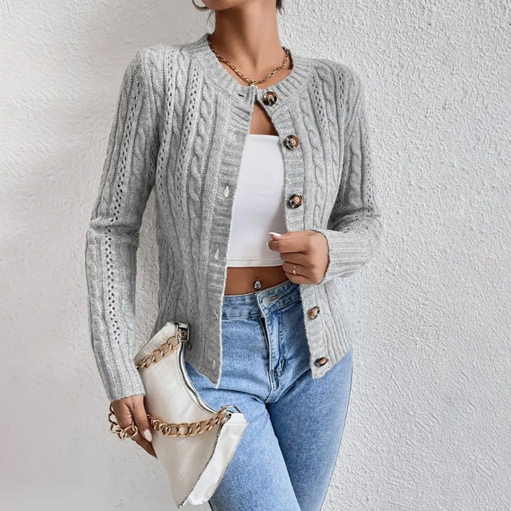 Cardigan Court Tricoté pour Femme avec Boutons et Motif Torsadé