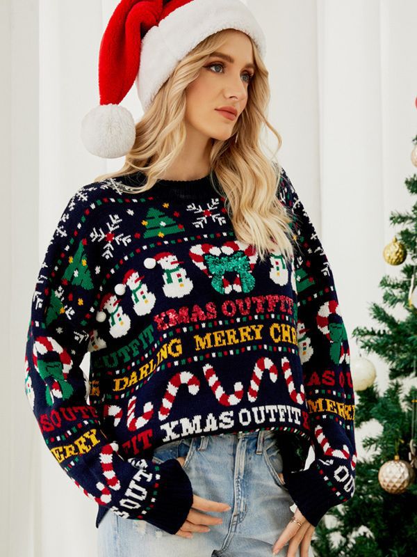 Winterse Oversized Donkerblauwe Vrouwen Kersttrui met Kerstprint en Lange Mouwen