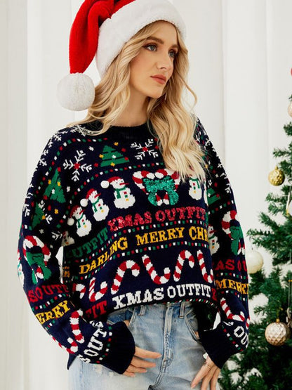Winterse Oversized Donkerblauwe Vrouwen Kersttrui met Kerstprint en Lange Mouwen