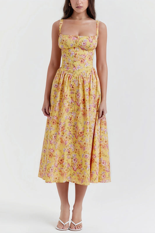 Heni | Zomerse Midi Jurk met Bloemenprint en Knoopdetail