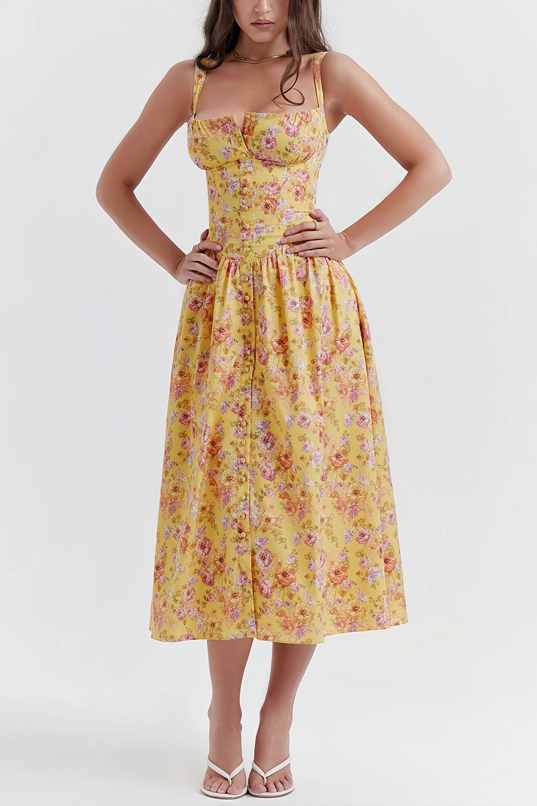 Heni | Zomerse Midi Jurk met Bloemenprint en Knoopdetail