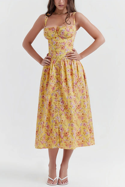 Heni | Zomerse Midi Jurk met Bloemenprint en Knoopdetail
