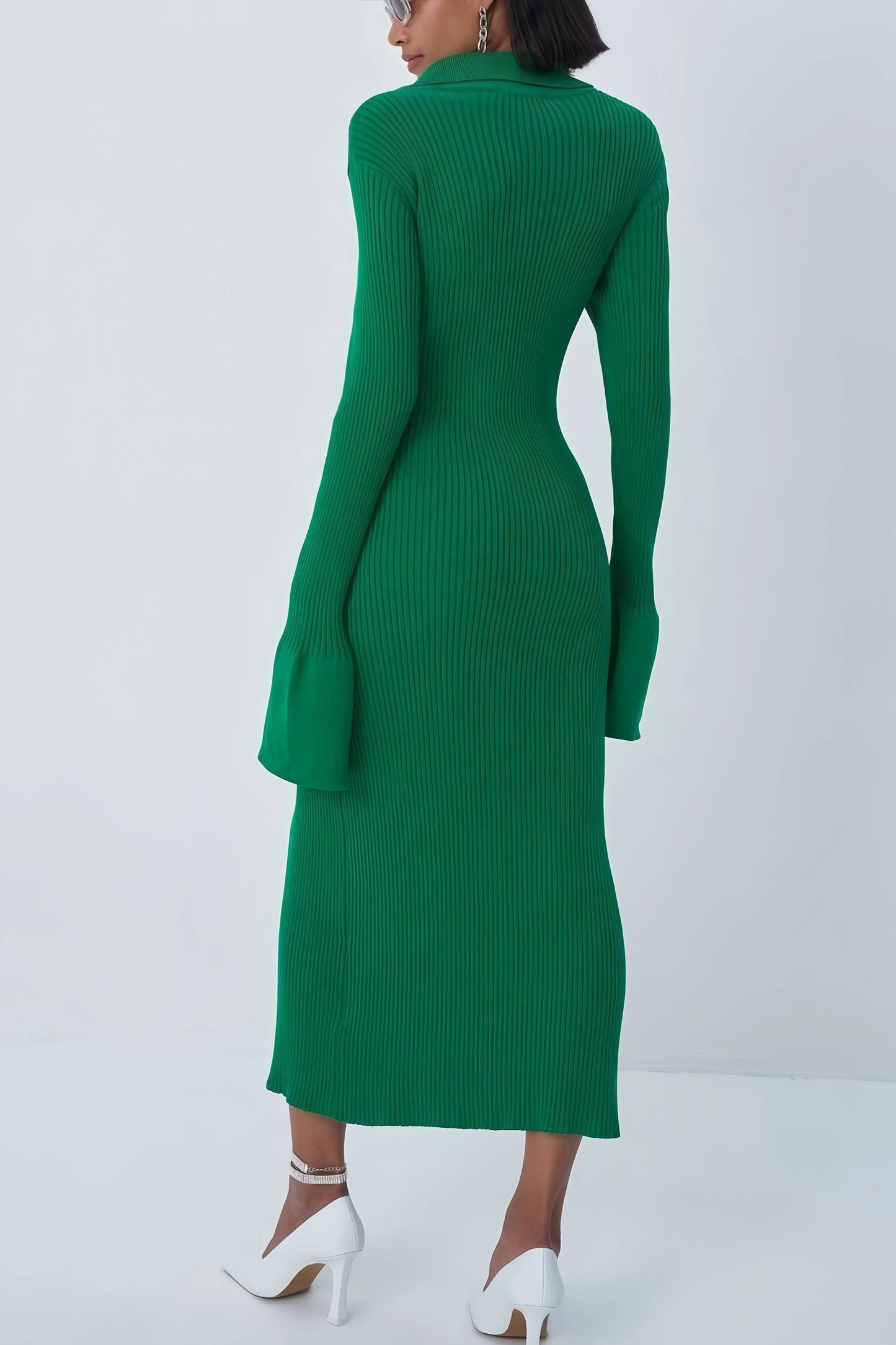 Groene Dames Midi Sweater Jurk Met Knopen En Split