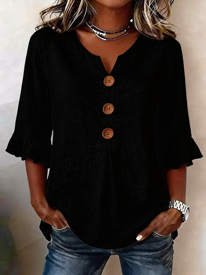 Soepelvallende Linnenlook Dames Blouse met Houtlook Knopen en Volantmouwen