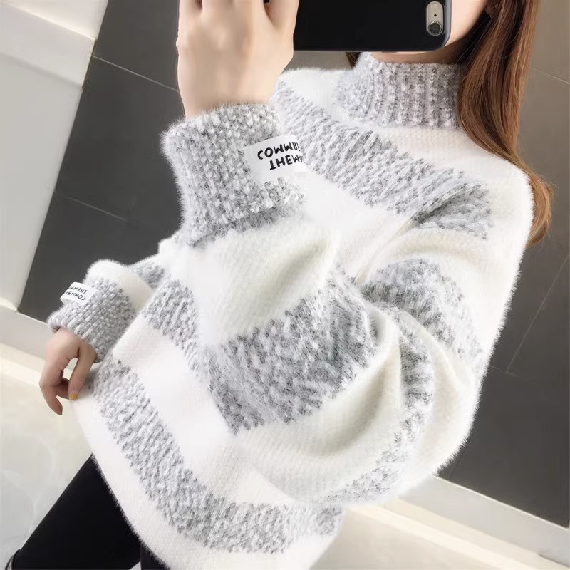 Stijlvolle Wit Grijs Gestreepte Oversized Dames Coltrui met Lange Mouwen