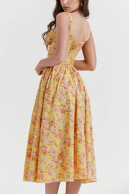 Heni | Zomerse Midi Jurk met Bloemenprint en Knoopdetail