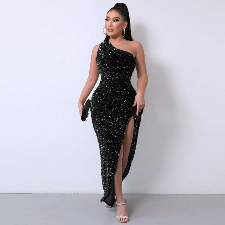 Glitterende Dames Gala Maxi Jurk met One Shoulder En Hoge Split