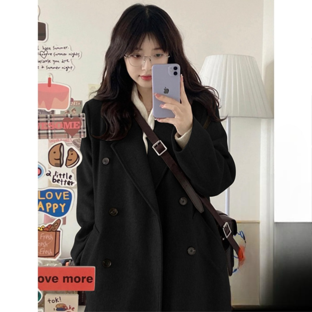 Lange Oversized Dames Mantel Jas met Dubbele Knoopsluiting