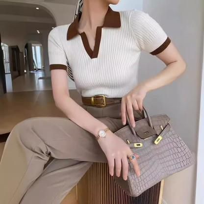 Geribd Dames Poloshirt Met Contrastkraag en Korte Mouwen