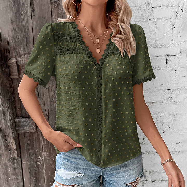 Summer Women's Blouse With V Neck And Lace Short Sleeves