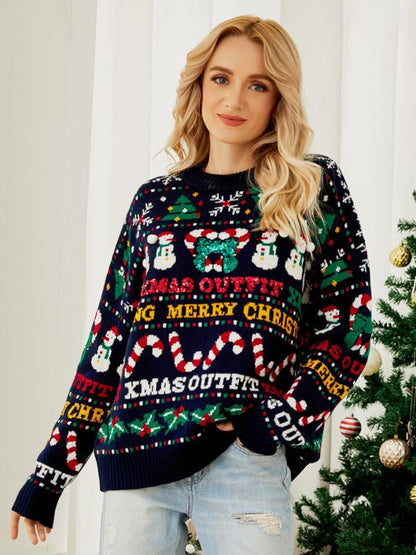 Winterse Oversized Donkerblauwe Vrouwen Kersttrui met Kerstprint en Lange Mouwen