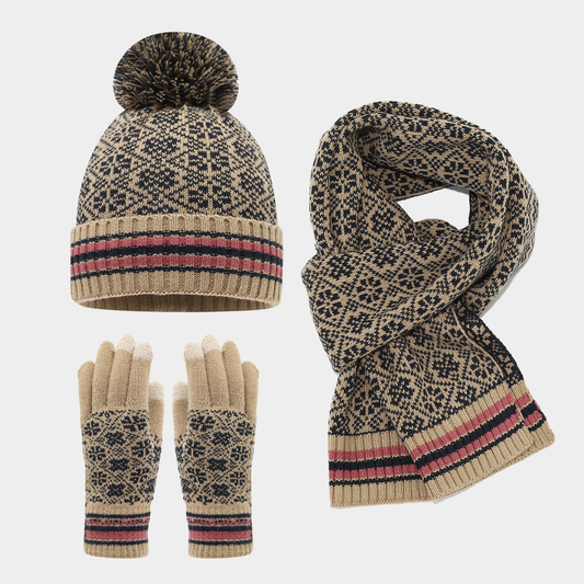 Dames Warme Gebreide Winter Set met Muts Sjaal en Handschoenen