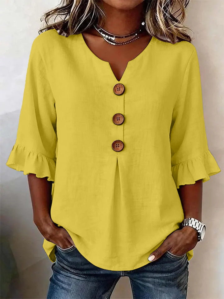 Soepelvallende Linnenlook Dames Blouse met Houtlook Knopen en Volantmouwen