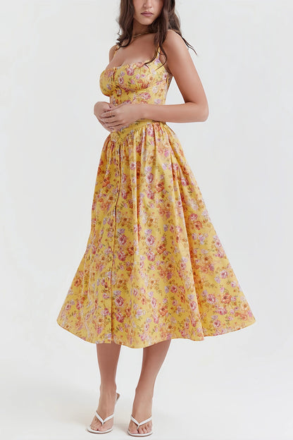 Heni | Zomerse Midi Jurk met Bloemenprint en Knoopdetail