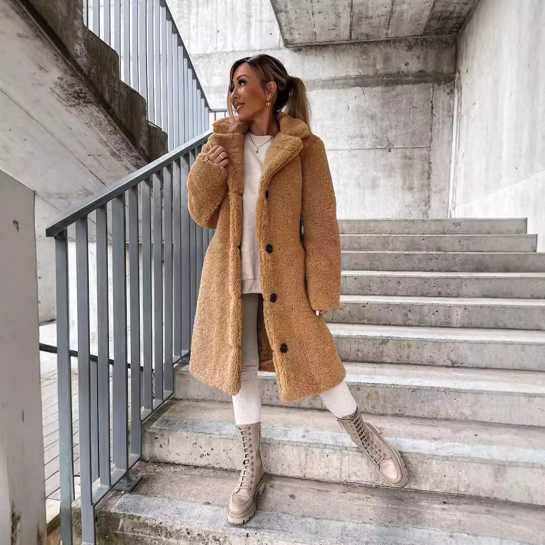 Luxe Oversized Dames Teddy Jas met Knopen en Zakken
