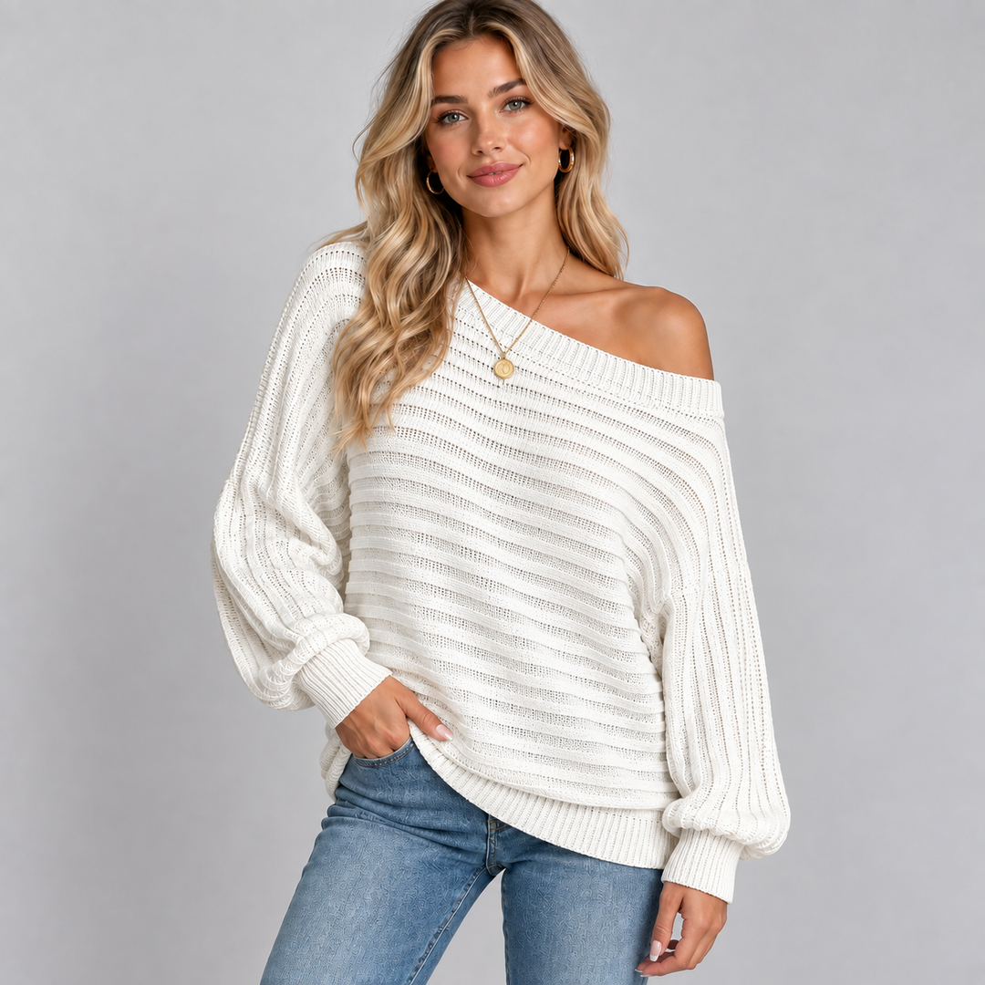 Ribbed knitted women's sweater with off-shoulder neckline and batwing sleeves