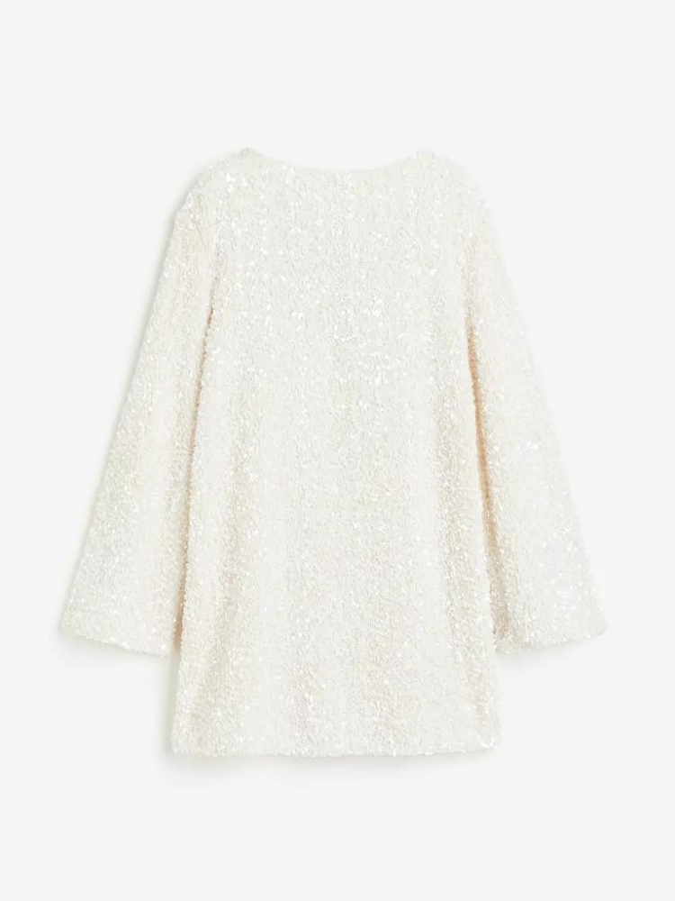 Witte Glitter Dames Mini Jurk met Lange Mouwen en Strik