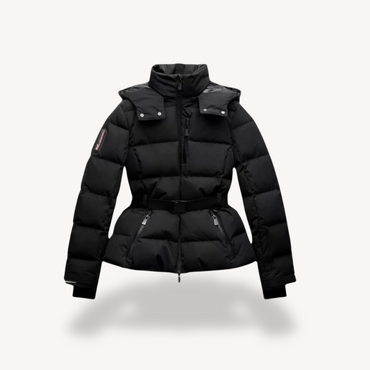 Zwarte Dames Puffer Jas met Ceintuur en Hoge Kraag