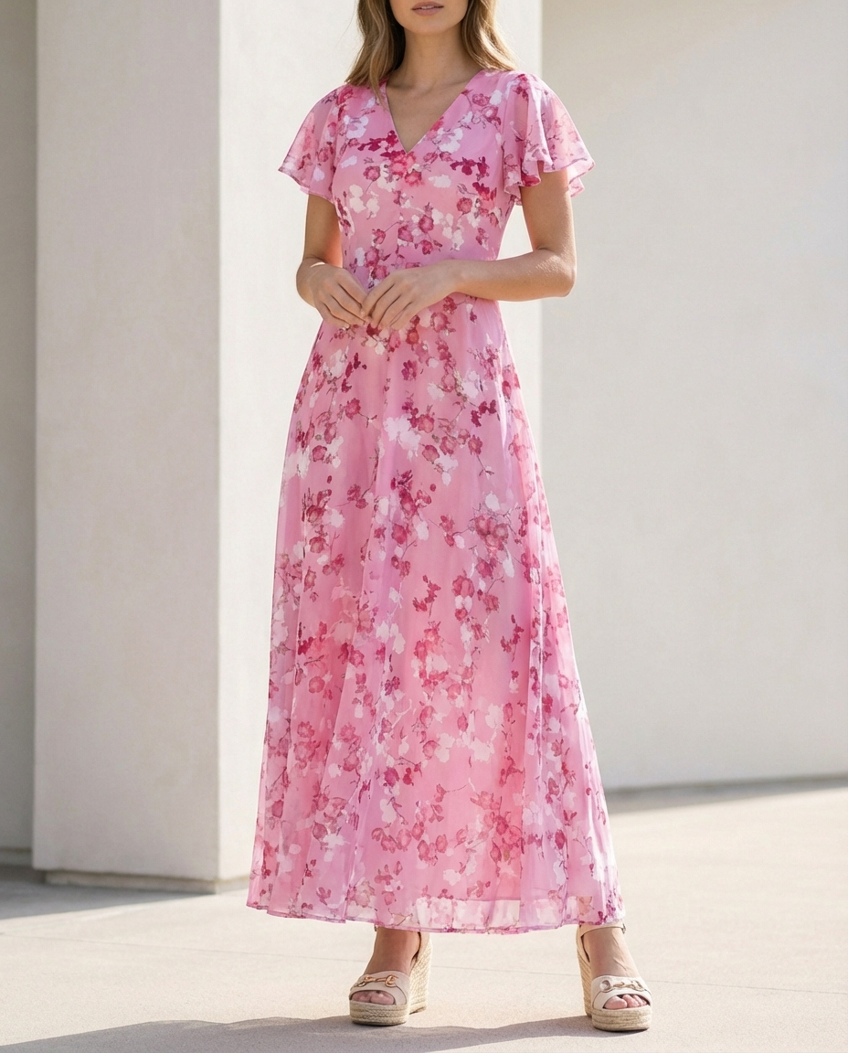 Comfortable Women's A-Line Maxi Dress With Floral Print And V Neck