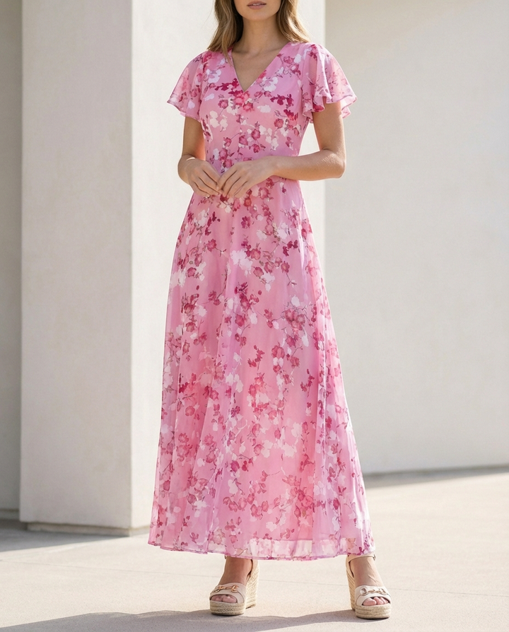 Comfortable Women's A-Line Maxi Dress With Floral Print And V Neck