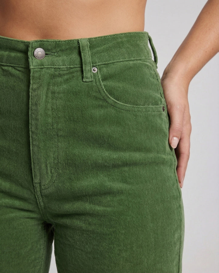 Hoge Taille Corduroy Dames Broek met Rechte Pijpen en Riemlussen