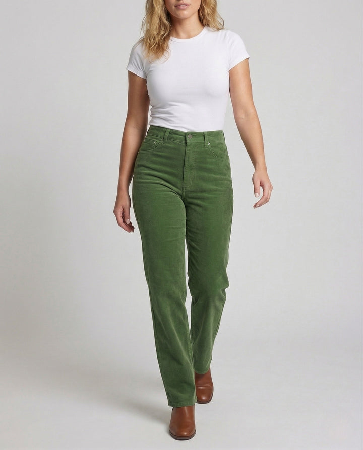 Hoge Taille Corduroy Dames Broek met Rechte Pijpen en Riemlussen