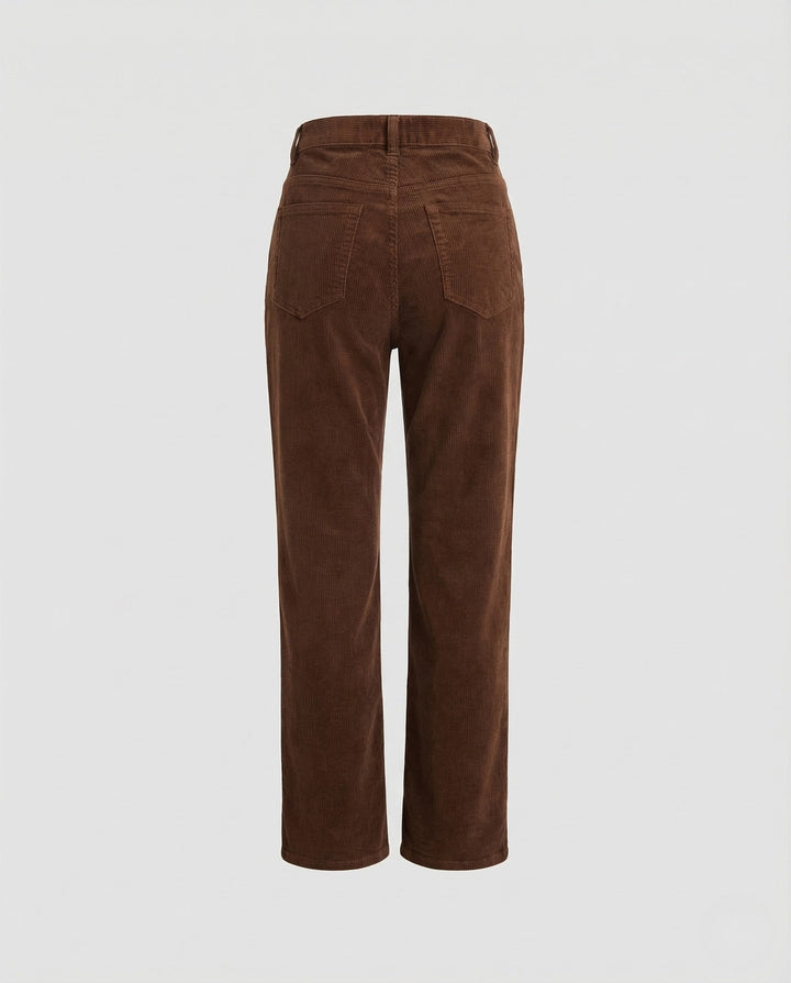 Hoge Taille Corduroy Dames Broek met Rechte Pijpen en Riemlussen