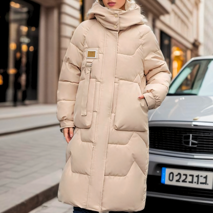 Dames Lange Puffer Winterjas met Capuchon en Knopen