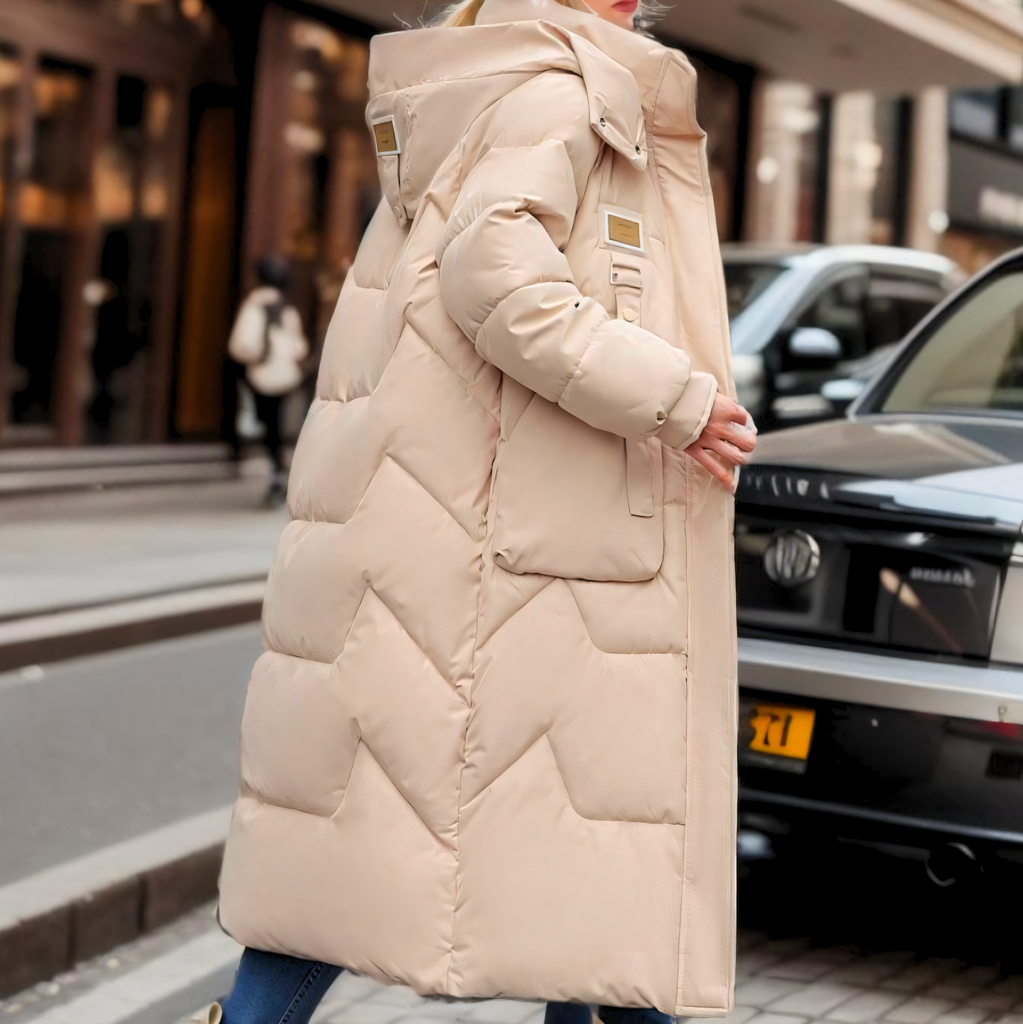 Dames Lange Puffer Winterjas met Capuchon en Knopen