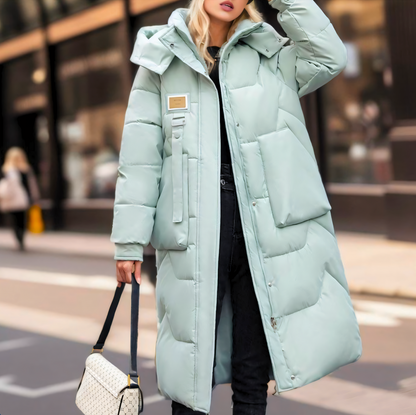 Dames Lange Puffer Winterjas met Capuchon en Knopen