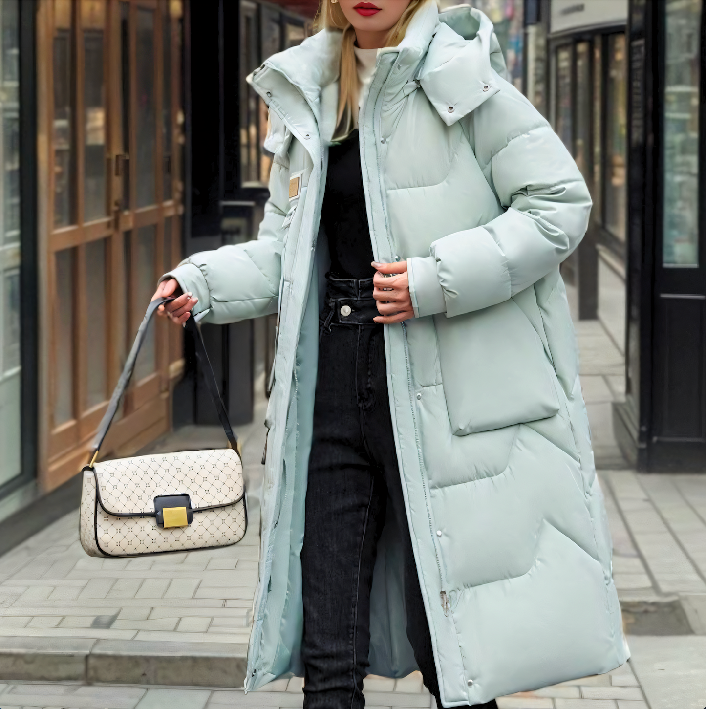 Dames Lange Puffer Winterjas met Capuchon en Knopen