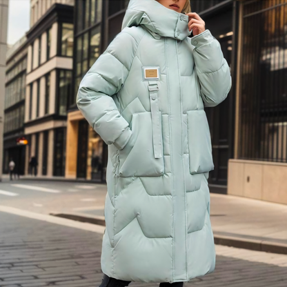 Dames Lange Puffer Winterjas met Capuchon en Knopen