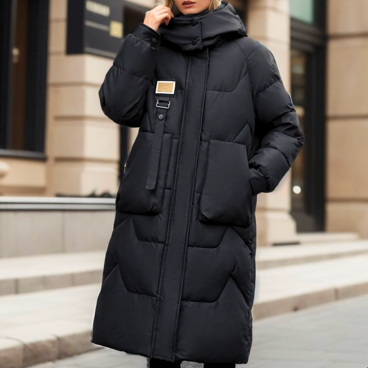 Dames Lange Puffer Winterjas met Capuchon en Knopen