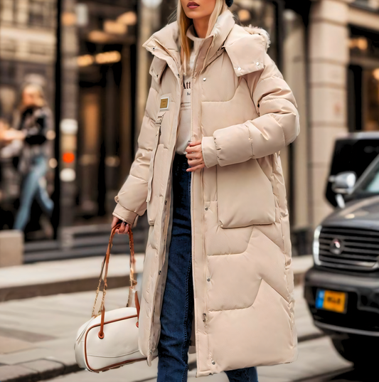 Dames Lange Puffer Winterjas met Capuchon en Knopen