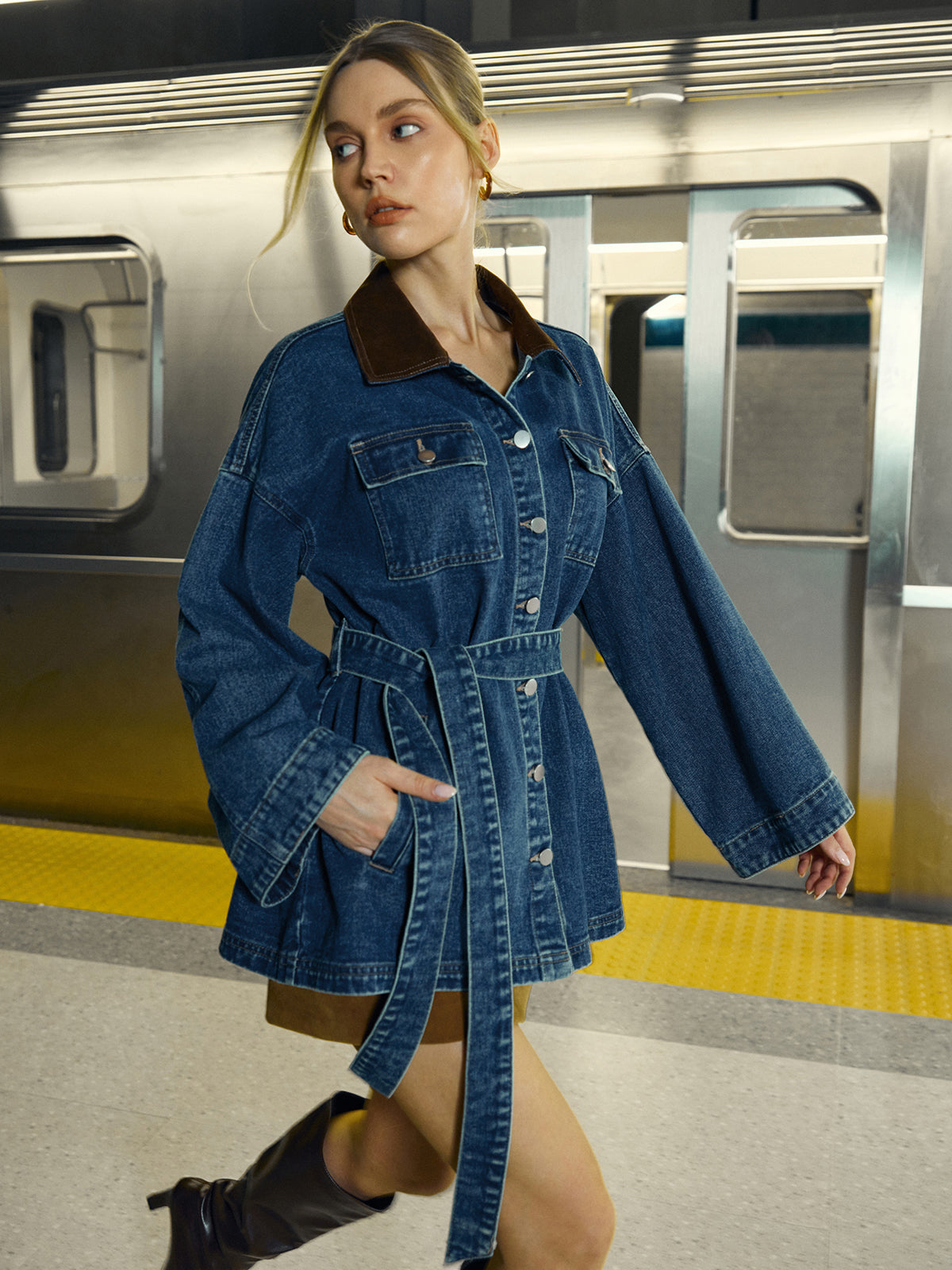 Oversized Dames Denim Spijkerjas met Ceintuur en Knopen
