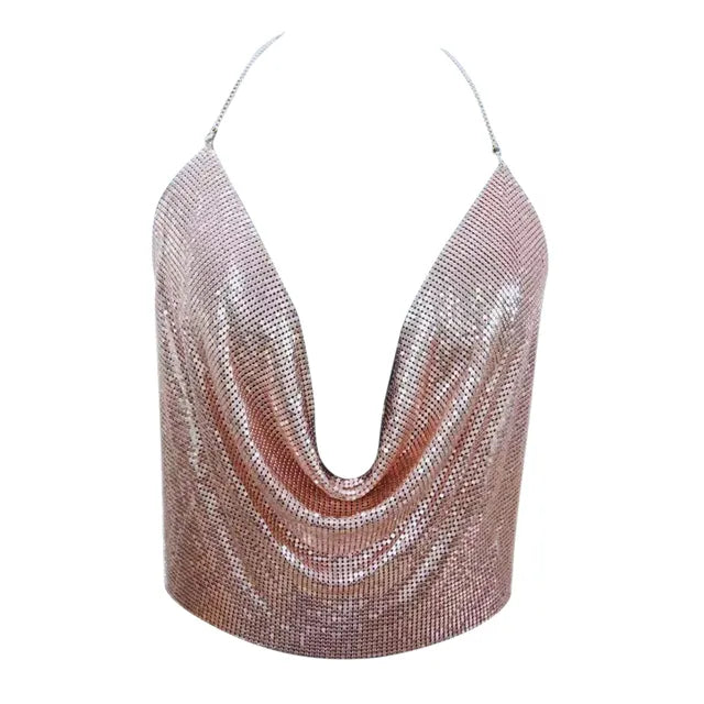 Sequin Halter Top with Deep Waterfall Neckline for Women