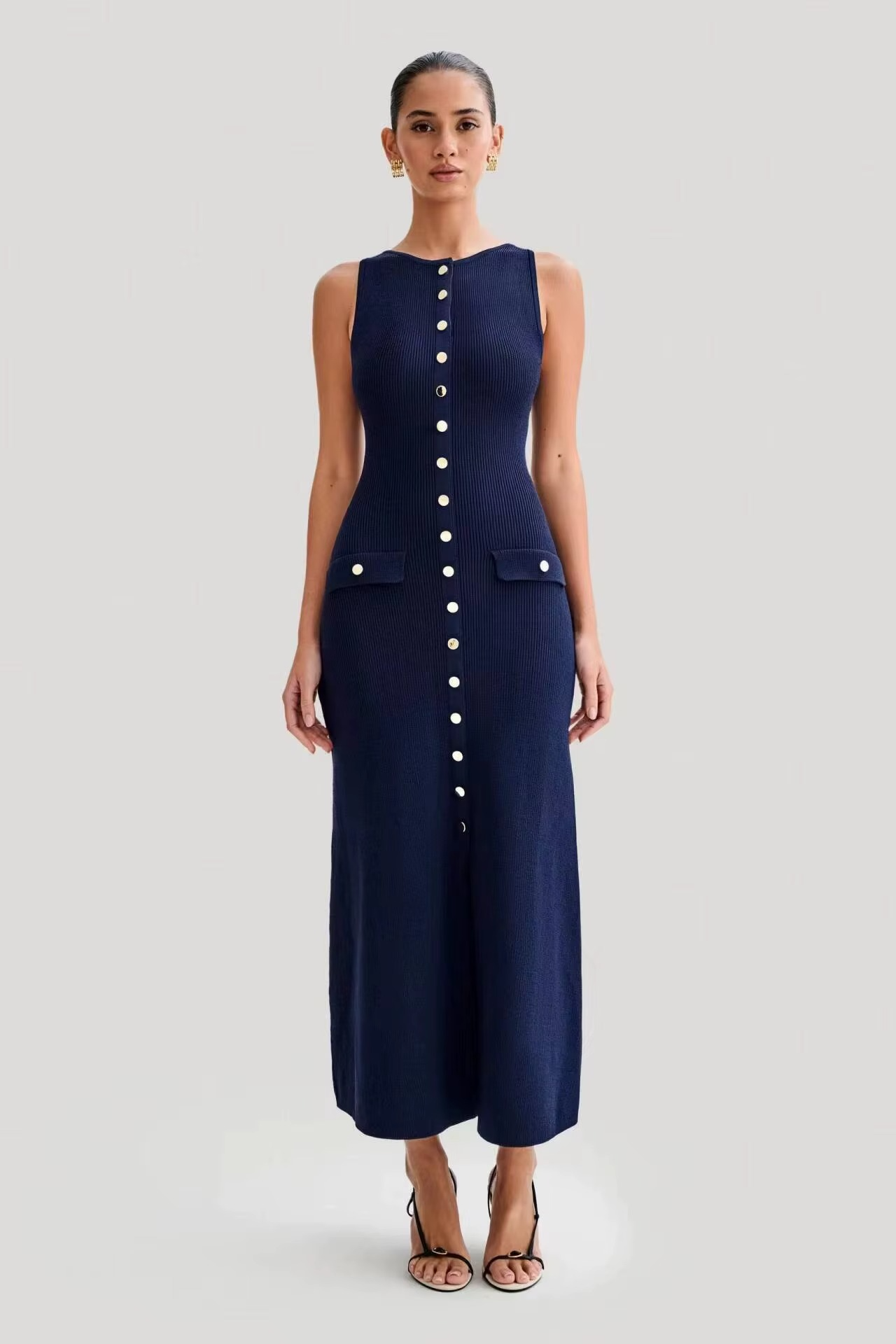 Gloria | Elegante Mouwloze Gebreide Jurk met Knoopsluiting