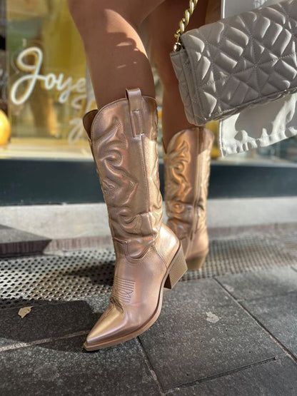 Jancy | Metallic Westernlaarzen met Lage Hak en Borduursel