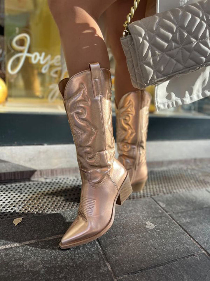 Jancy | Metallic Western Boots with Low Heel and Embroidery